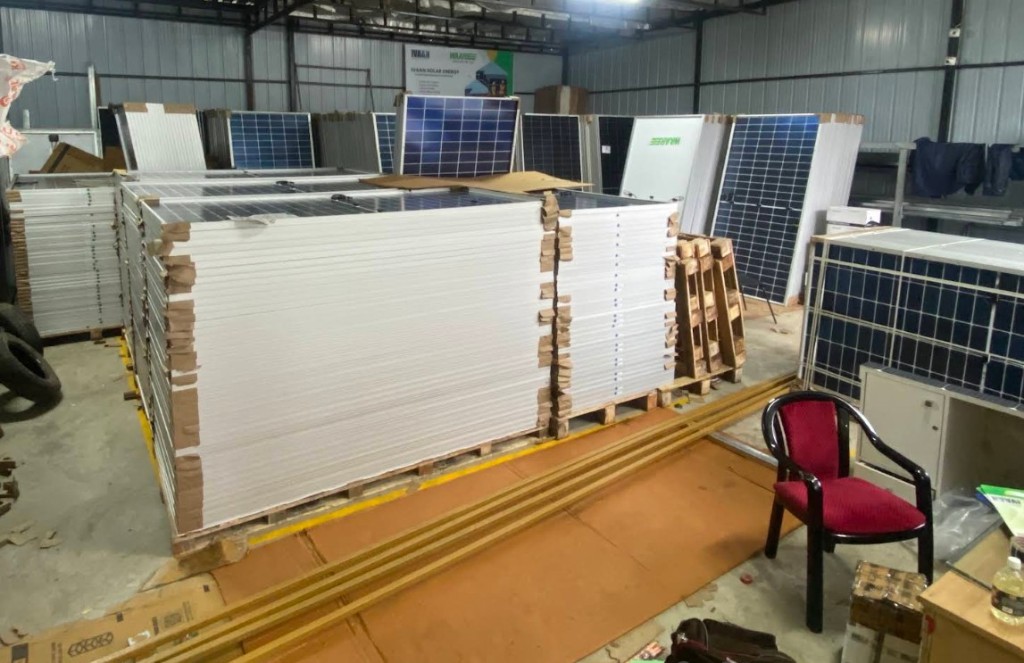 Ivaan Solar Energy warehouse stocked with Waaree solar panels